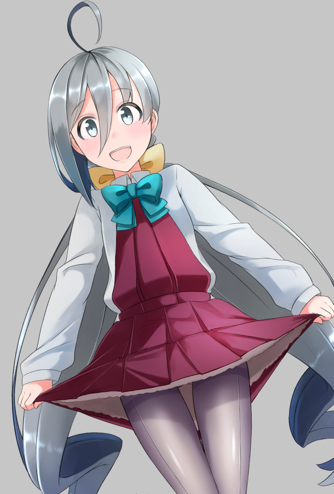 1girl :d ahoge aqua_bow blouse blush bow comah dutch_angle eyebrows_visible_through_hair grey_background grey_eyes grey_legwear hair_between_eyes hair_bow kantai_collection kiyoshimo_(kantai_collection) long_hair long_sleeves looking_at_viewer open_mouth pantyhose pleated_skirt purple_skirt silver_hair simple_background skirt smile solo teeth thigh_gap thighband_pantyhose thighs twintails uniform very_long_hair white_blouse yellow_bow