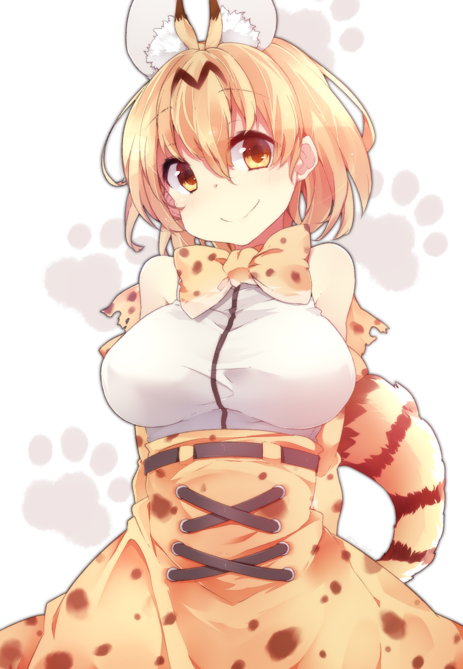 1girl animal_ears animal_print arms_behind_back bare_shoulders blonde_hair bow breasts elbow_gloves fuuen_(akagaminanoka) gloves highres kemono_friends large_breasts looking_at_viewer serval_(kemono_friends) serval_ears serval_print serval_tail shirt short_hair simple_background skirt sleeveless sleeveless_shirt smile solo standing tail white_shirt yellow_eyes