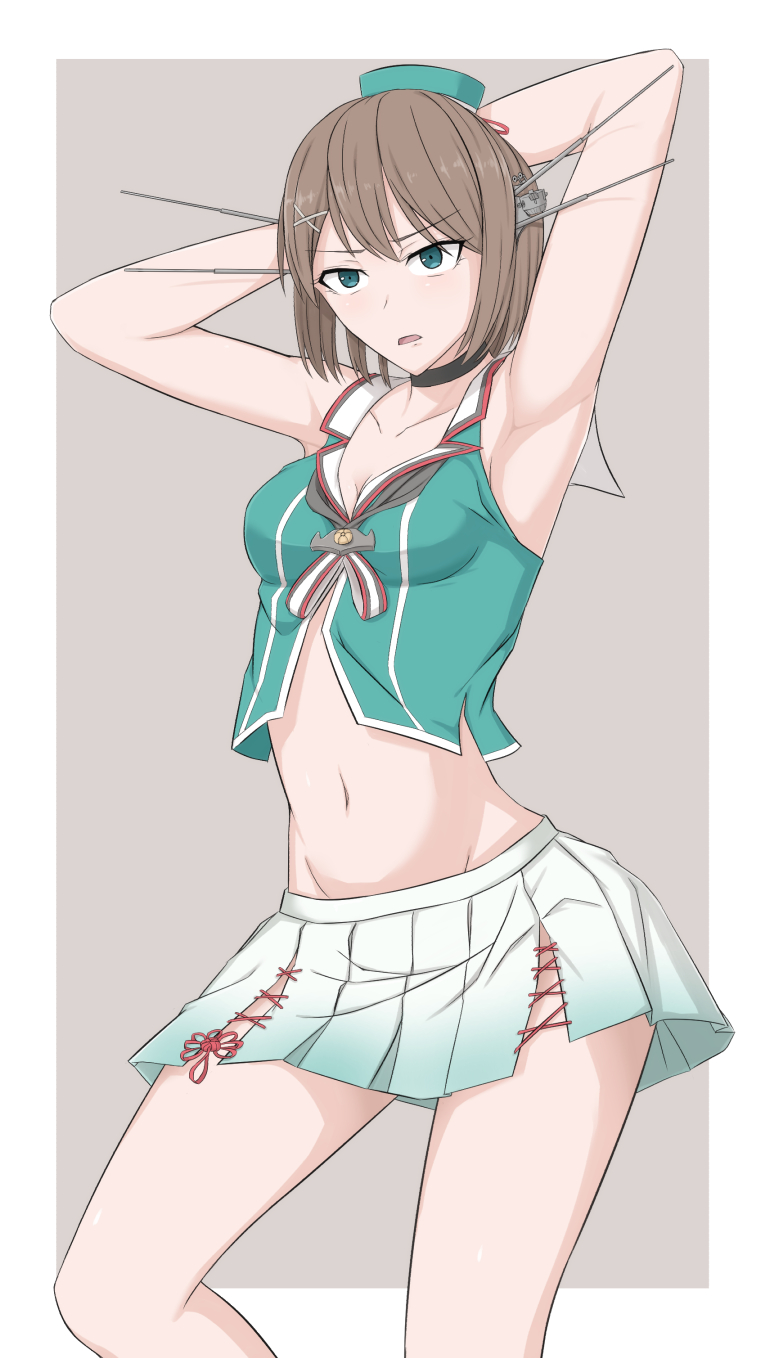 armpits arms_behind_back arms_up breasts brown_hair cleavage green_eyes groin hat headgear highres intirami kantai_collection maya_(kantai_collection) navel outside_border skirt small_breasts thighs white_background