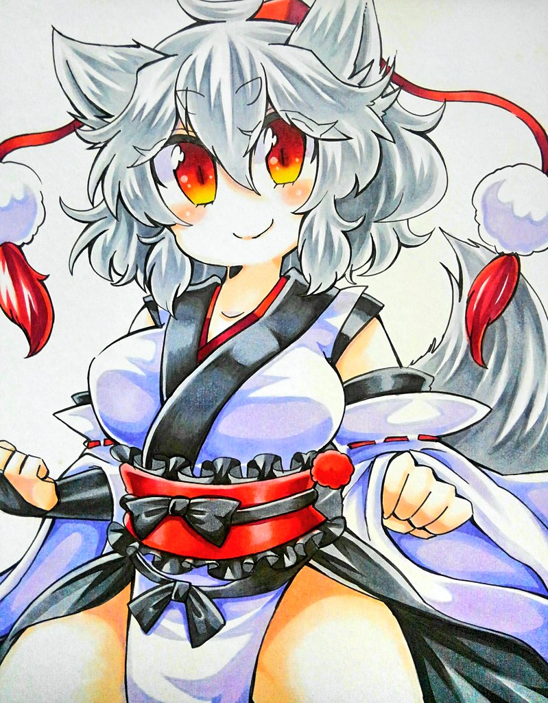 1girl alternate_eye_color animal_ears blush breasts bridal_gauntlets clenched_hands cowboy_shot detached_sleeves eyebrows_visible_through_hair frills gradient_eyes hat inubashiri_momiji japanese_clothes kourindou_tengu_costume looking_at_viewer medium_breasts multicolored multicolored_eyes obi orange_eyes pelvic_curtain red_eyes ribbon-trimmed_sleeves ribbon_trim sash short_eyebrows silver_hair simple_background slit_pupils smile solo surigoma tail thick_eyebrows thighs tokin_hat touhou white_background wide_sleeves wolf_ears wolf_tail yellow_eyes