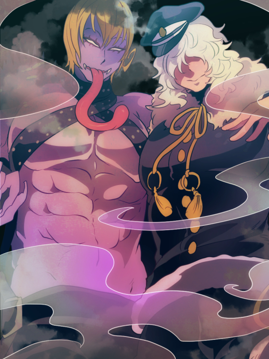 2boys abs arm_around_shoulder blonde_hair coat demon_smog fangs hair_over_eyes long_hair long_tongue looking_at_viewer male_focus maruboku mon_mon_(show_by_rock!!) multiple_boys no_pupils purple_skin short_hair show_by_rock!! smoke tassel tongue white_hair