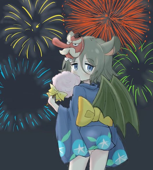 1girl :t alternate_costume animal_ears bat_ears bat_wings blue_eyes bow brown_hair cotton_candy cowboy_shot dot_nose eating expressionless eyebrows_visible_through_hair facial_hair festival fireworks food food_in_mouth from_behind hair_between_eyes hatching_(texture) hilgendorf's_tube-nose_bat_(kemono_friends) holding holding_food japanese_clothes jitome kadoko kemono_friends kimono long_nose long_sleeves looking_back mask mask_on_head mustache night ribbon short_hair short_kimono short_yukata sky solo summer_festival tengu_mask wide_sleeves wings yellow_bow yellow_ribbon yukata