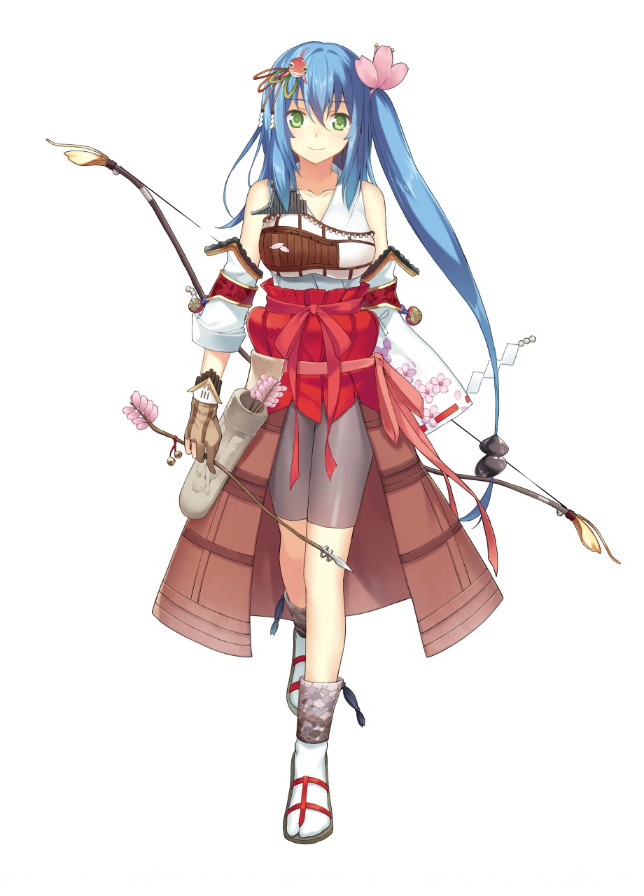 1girl arrow bike_shorts blue_hair bow_(weapon) collarbone flower full_body green_eyes greene_eyes grey_shorts hair_flower hair_ornament highres holding holding_weapon long_hair looking_at_viewer pink_flower shorts side_ponytail simple_background smile socks solo standing very_long_hair weapon white_background white_legwear