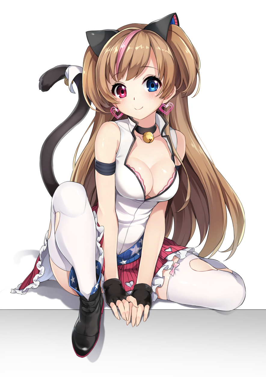 1girl 3.14 animal_ears bell boots bra breasts brown_hair cat_ears cat_tail choker cleavage earrings fake_animal_ears fingerless_gloves girls_frontline gloves heterochromia highres jewelry jingle_bell long_hair mk_23_(girls_frontline) shirt short_twintails sitting skirt sleeveless sleeveless_shirt smile solo spread_legs tail thigh-highs twintails two_side_up underwear white_legwear