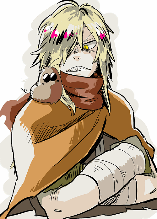 &gt;:( 1boy bandage bandaged_arm blonde_hair boota brown_scarf cape claws clenched_teeth commentary_request creature creature_on_shoulder cropped_torso crossed_arms eyebrows_visible_through_hair hair_over_one_eye hair_over_shoulder katou_(hyaena) long_hair looking_at_another male_focus orange_cape oversized_limbs sanpaku scarf sharp_teeth simple_background sleeveless slit_pupils solo teeth tengen_toppa_gurren_lagann upper_body viral white_background yellow_eyes