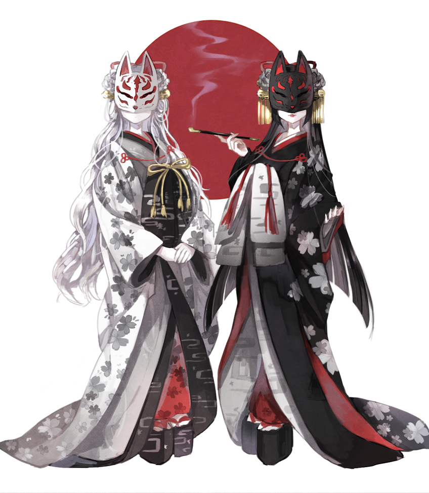 2girls bell black_hair expressionless fox_mask hands_together japanese_clothes kimono long_hair looking_at_viewer mask multiple_girls original oro_ponzu smoke tagme wavy_hair white_hair wide_sleeves