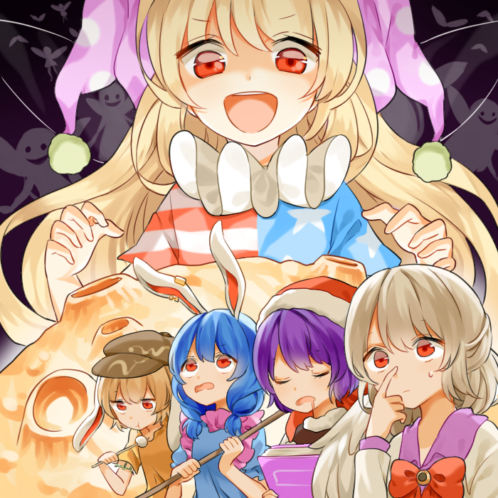 5girls :d american_flag_shirt animal_ears blonde_hair blue_hair book bow bowtie clownpiece dango doremy_sweet drooling fairy fairy_wings finger_to_face floppy_ears food frilled_shirt_collar frills hat jester_cap kine kishin_sagume long_hair mallet misha_(hoongju) moon multiple_girls neck_ruff open_mouth polka_dot puffy_short_sleeves puffy_sleeves rabbit_ears red_bow red_eyes ringo_(touhou) saliva seiran_(touhou) short_hair short_sleeves silver_hair single_wing sleeping sleeveless smile sweatdrop touhou very_long_hair wagashi wings