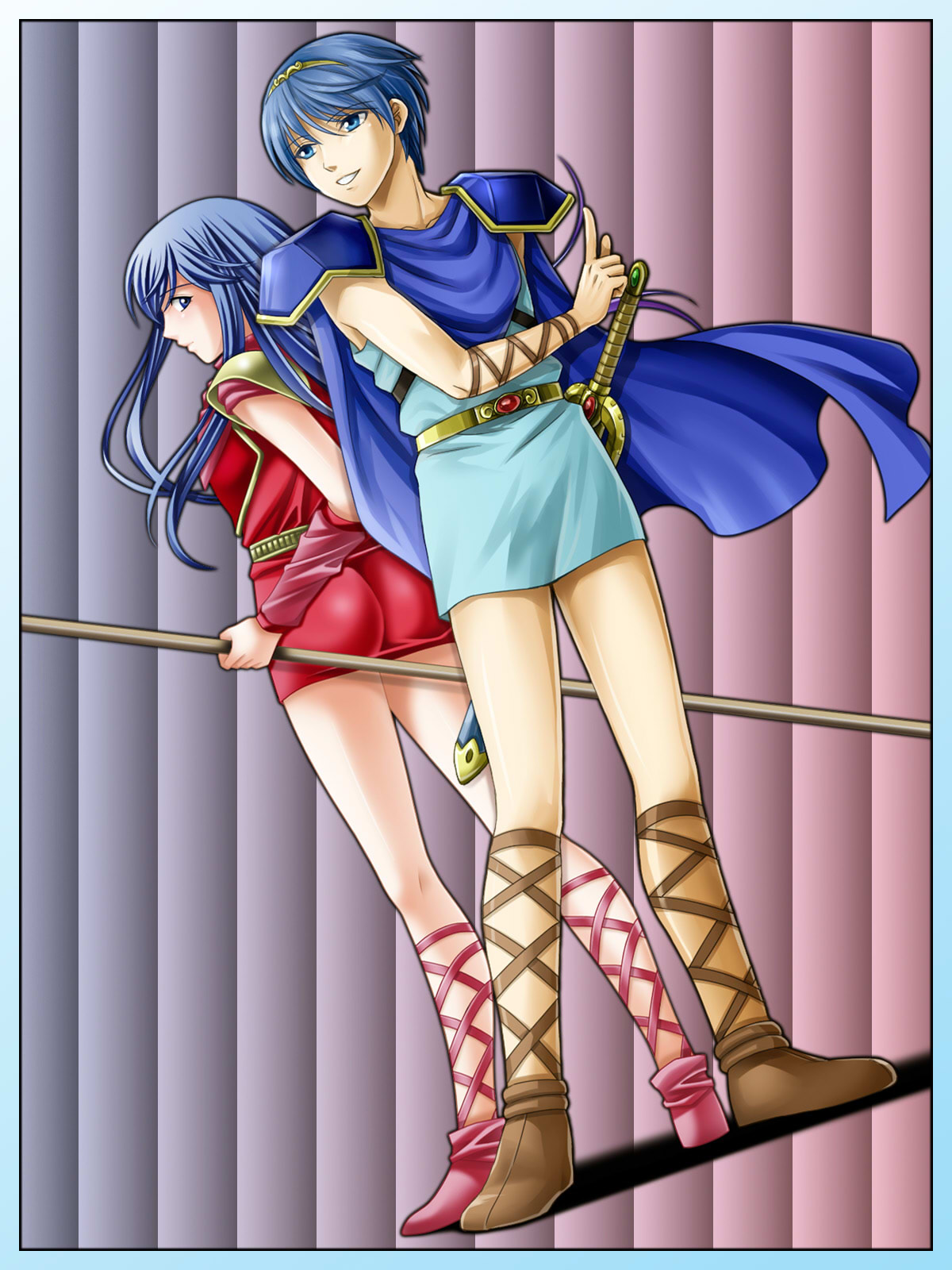 1boy 1girl ass blue_eyes blue_hair cape falchion_(fire_emblem) fire_emblem fire_emblem:_ankoku_ryuu_to_hikari_no_tsurugi fire_emblem:_mystery_of_the_emblem full_body gloves highres long_hair marth sheeda smile sword tiara weapon yuino_(fancy_party)