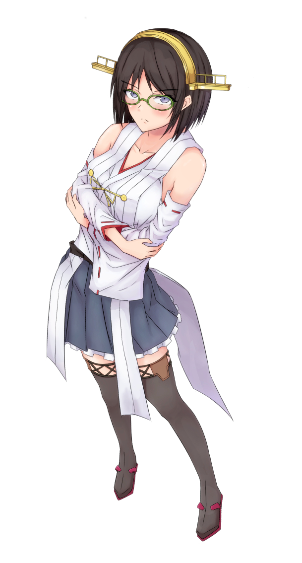 1girl :/ blush breasts brown_hair contrapposto crossed_arms detached_sleeves from_above glasses headgear intirami kantai_collection kirishima_(kantai_collection) nontraditional_miko short_hair skirt solo white_background wide_sleeves