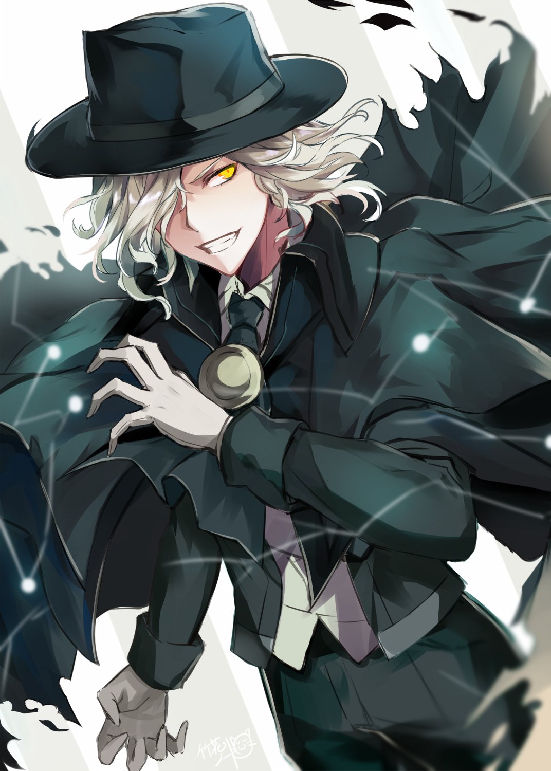1boy :3 artist_name black_hat black_pants claws cloak dutch_angle edmond_dantes_(fate/grand_order) fate/grand_order fate_(series) fedora gloves grin hair_over_one_eye hat highres jacket long_sleeves male_focus note_(aoiro_clip) open_clothes open_jacket pants parted_lips signature silver_hair smile solo teeth wavy_hair white_gloves yellow_eyes