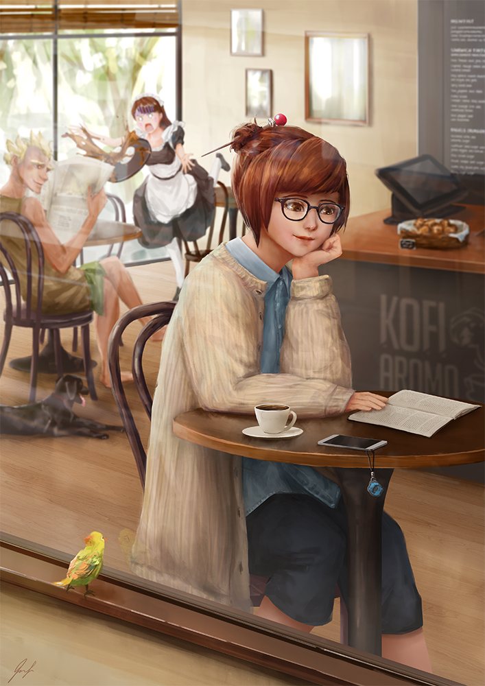 accident apron bangs basket bird black-framed_eyewear blinds blonde_hair blue_shorts blunt_bangs brown_hair cafe casual cellphone chair character_request chin_rest closed_legs cup d.va_(overwatch) day dog dropping from_outside glasses isaac_liew junkrat_(overwatch) legs_crossed lips long_hair long_sleeves maid maid_apron maid_headdress mei_(overwatch) menu newspaper nose overwatch pantyhose phone picture_(object) reading reflection short_hair shorts signature sitting sleeves_past_wrists smartphone spill spilling standing sunlight sweater tablet teacup through_window tray white_apron white_legwear window
