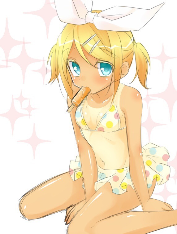 1girl amane_(amnk1213) aqua_eyes bikini blonde_hair blue_eyes bow breasts food food_in_mouth frilled_bikini frills hair_bow hair_ornament hairclip kagamine_rin kneeling looking_at_viewer looking_up mouth_hold navel one-piece_tan polka_dot polka_dot_bikini popsicle short_hair short_twintails sitting sketch small_breasts solo sparkle_background swimsuit tan tanline twintails vocaloid wariza