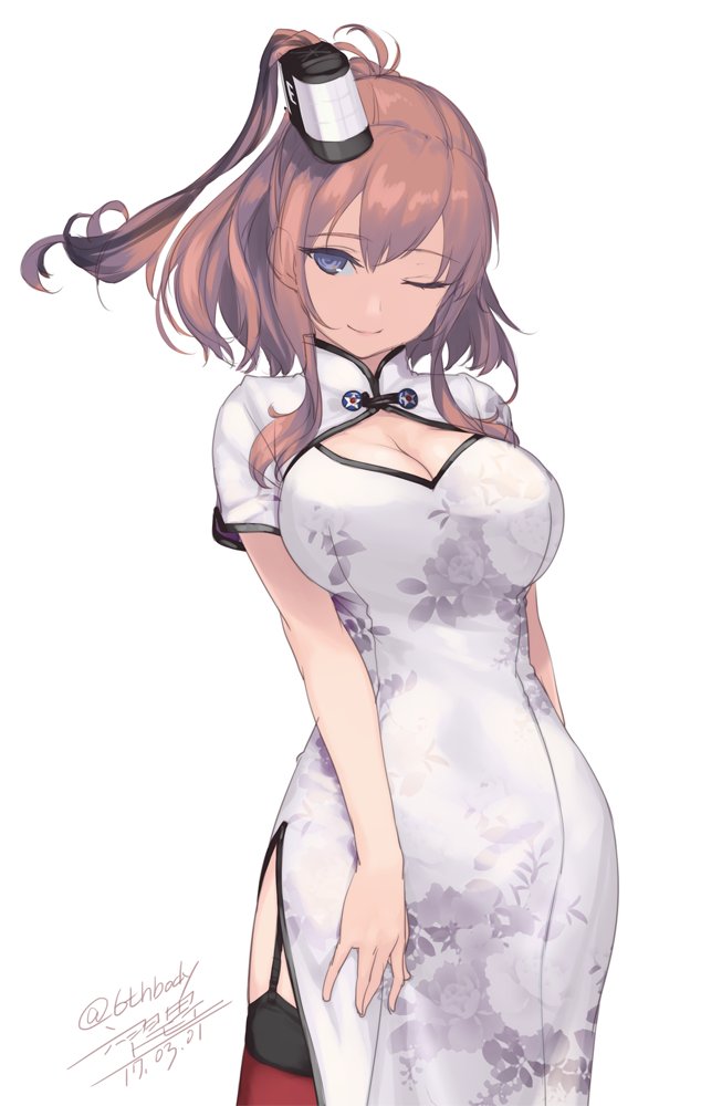1girl blue_eyes breasts brown_hair china_dress chinese_clothes contrapposto cowboy_shot dated dress floral_print garter_straps hair_between_eyes kantai_collection large_breasts light_smile lips long_hair looking_at_viewer one_eye_closed ponytail red_legwear rokuwata_tomoe saratoga_(kantai_collection) side_ponytail signature thigh-highs