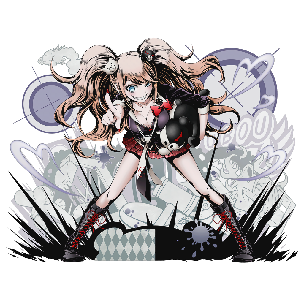 1girl bear_hair_ornament bow breasts cleavage collarbone dangan_ronpa dangan_ronpa_3 divine_gate enoshima_junko full_body green_eyes hair_ornament index_finger_raised leaning_forward light_brown_hair long_hair looking_at_viewer medium_breasts monokuma nail_polish necktie official_art pleated_skirt red_bow red_nails red_skirt skirt solo transparent_background twintails ucmm very_long_hair white_necktie