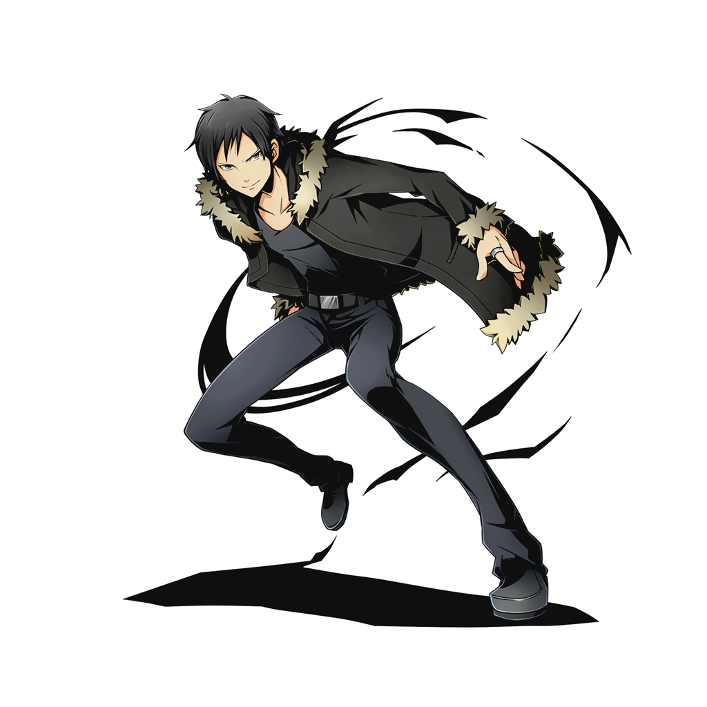 1boy belt black_hair black_shirt brown_eyes coat divine_gate durarara!! full_body jewelry looking_at_viewer official_art one_leg_raised orihara_izaya ring shadow shirt smile solo transparent_background ucmm