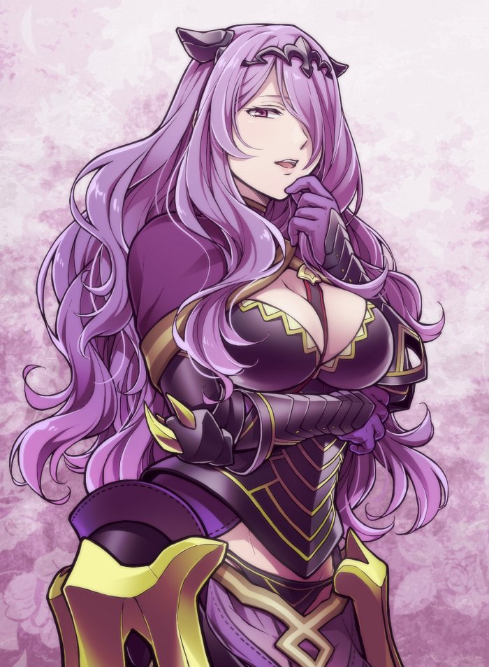 armor breasts camilla_(fire_emblem_if) cleavage cleavage_cutout european_clothes fire_emblem fire_emblem_if gauntlets hiyori_(rindou66) large_breasts long_hair looking_at_viewer pauldrons purple_hair simple_background violet_eyes