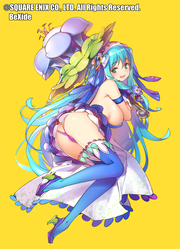 1girl ass blue_eyes blue_hair blue_legwear breasts high_heels large_breasts long_hair looking_at_viewer million_arthur_(series) pop_kyun sideboob simple_background smile solo thigh-highs yellow_background
