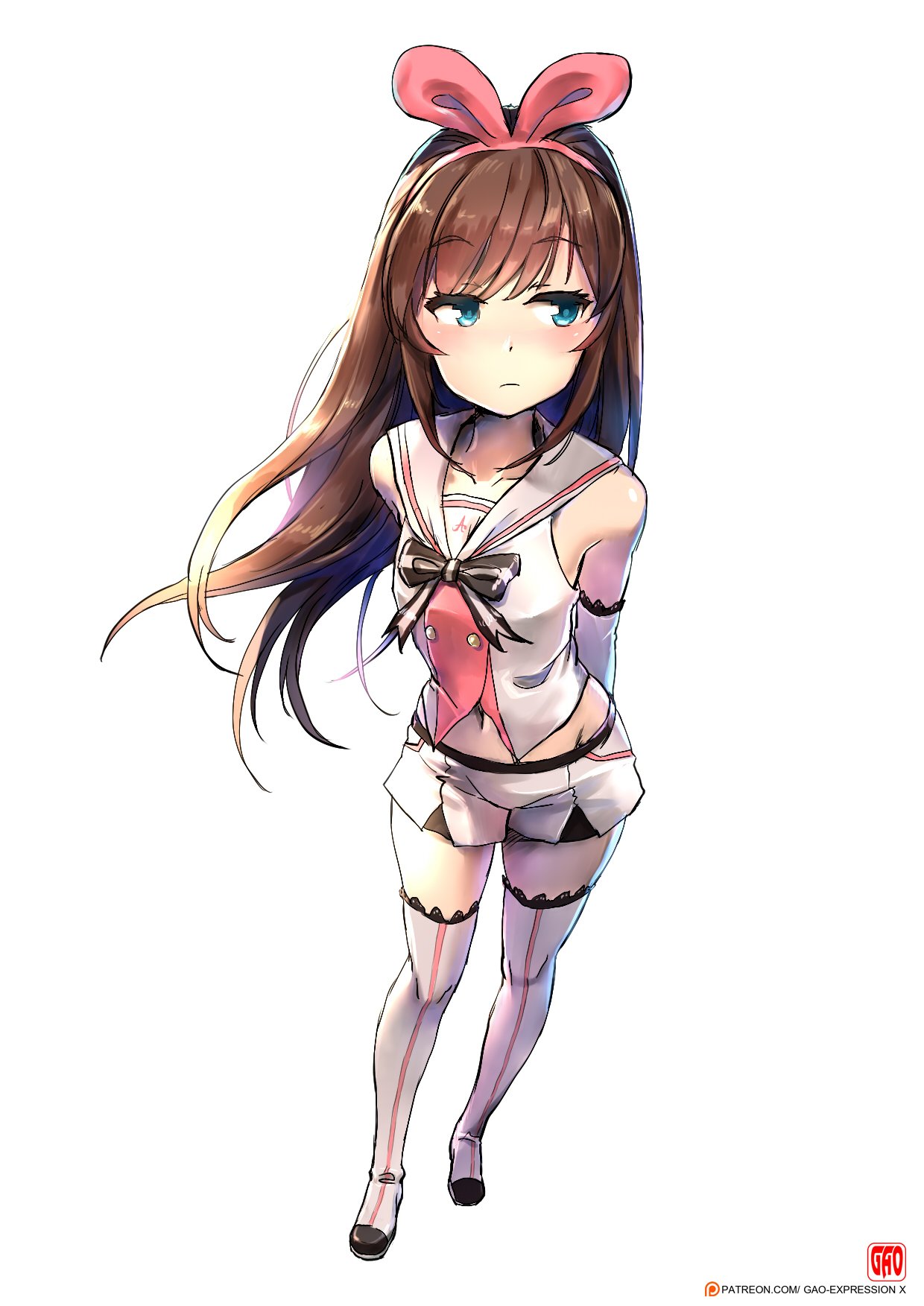 1girl a.i._channel arm_warmers arms_behind_back bangs black_ribbon blue_eyes bow brown_hair closed_mouth collarbone eyebrows_visible_through_hair full_body gao_(gaolukchup) hair_bow hairband highres kizuna_ai lace-trimmed_legwear lace-trimmed_sleeves long_hair looking_to_the_side navel patreon pink_bow ribbon sailor_collar short_shorts shorts simple_background solo standing striped striped_ribbon swept_bangs thigh-highs vest watermark web_address white_background white_legwear white_shorts white_vest