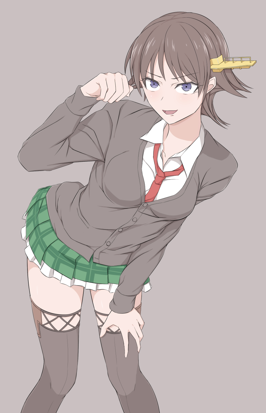 1girl alternate_costume blue_eyes breasts brown_background brown_hair hand_on_own_thigh hiei_(kantai_collection) highres intirami kantai_collection leaning_forward necktie plaid plaid_skirt red_eyes school_uniform short_hair skirt small_breasts solo thighs
