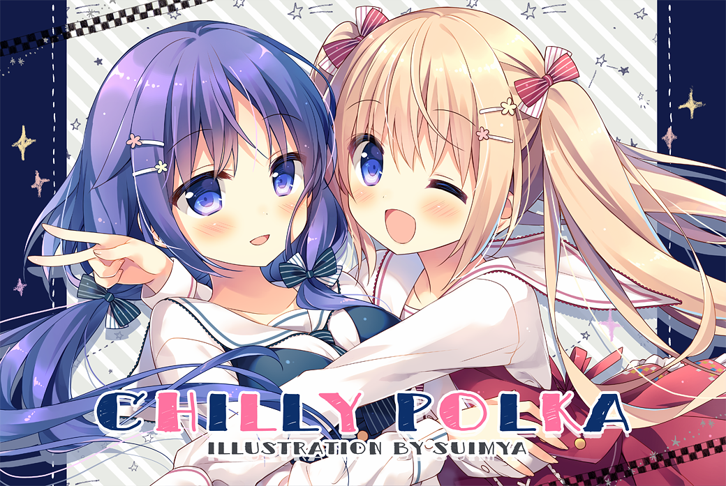 2girls ;d bangs black_bow blonde_hair blue_dress bow breasts collarbone dress eyebrows_visible_through_hair hair_bow hair_ornament hairclip hug long_hair looking_at_viewer low_twintails medium_breasts multiple_girls one_eye_closed open_mouth original purple_hair red_bow sailor_collar sidelocks smile striped striped_bow suimya twintails upper_body v violet_eyes white_bow white_dress