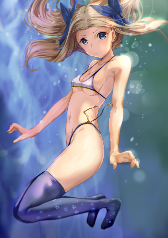1girl alternate_costume armadillo-tokage arms_at_sides asakaze_(kantai_collection) bangs bikini blue_eyes blue_legwear breasts commentary_request floating_hair floral_print from_side full_body hair_ribbon halter_top halterneck highleg highleg_bikini kantai_collection light_brown_hair light_particles long_hair looking_at_viewer midriff navel parted_bangs ribbon serious side-tie_bikini sideboob sidelocks small_breasts swimsuit thigh-highs thighs under_boob wavy_hair