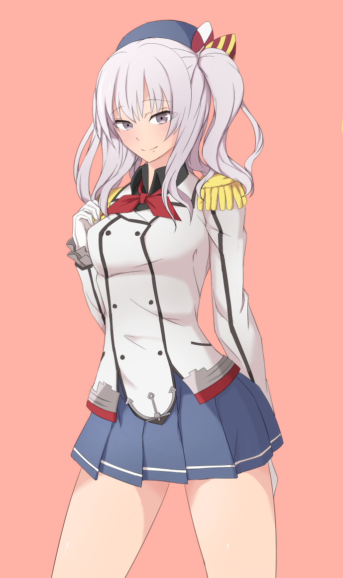 1girl arm_behind_back blush breasts epaulettes gloves grey_eyes grey_hair intirami kantai_collection kashima_(kantai_collection) lace-trimmed_sleeves medium_breasts pink_background smile solo thighs twintails white_gloves