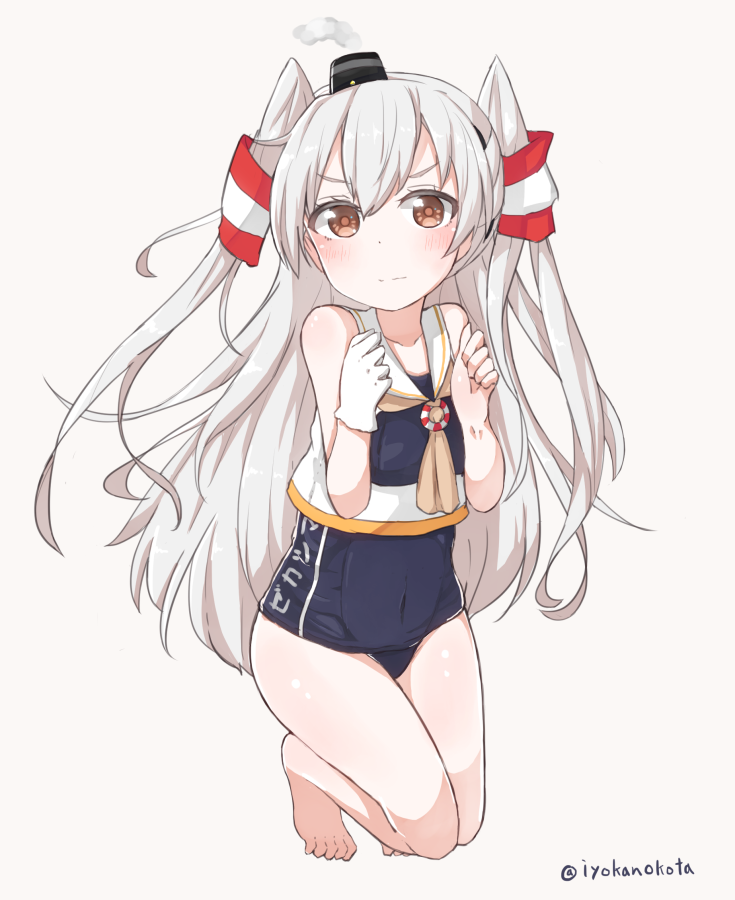 1girl alternate_costume amatsukaze_(kantai_collection) artist_name bare_legs breasts brown_eyes colored_eyelashes cosplay crop_top frown full_body gloves hair_between_eyes i-13_(kantai_collection) i-13_(kantai_collection)_(cosplay) kantai_collection long_hair looking_at_viewer okota_mikan one-piece_swimsuit school_swimsuit school_uniform serafuku serious silver_hair single_glove small_breasts swimsuit thighs toes twitter_username two_side_up white_gloves