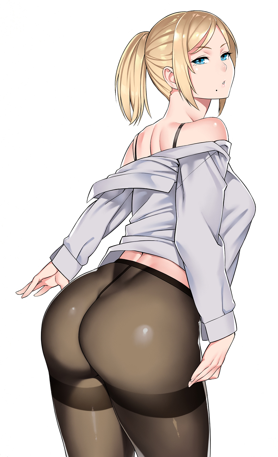 1girl ass bare_shoulders black_bra black_legwear blonde_hair blue_eyes bra character_request crotch_seam highres long_hair looking_at_viewer looking_back mole mole_under_mouth no_panties open_clothes original pantyhose ponytail shiny shiny_skin simple_background standing thighband_pantyhose underwear white_background zonda_(solid_air)