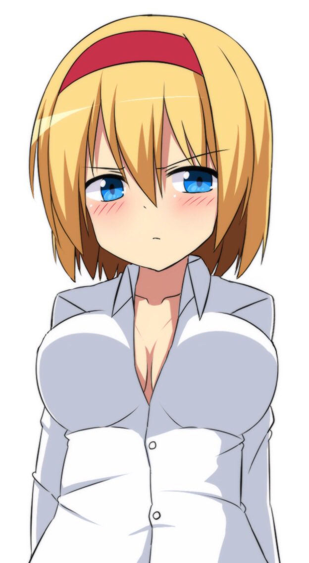 &gt;:( 1girl alice_margatroid bangs blonde_hair blue_eyes blush breasts buttons cleavage closed_mouth collarbone collared_shirt enushi_(toho193) eyebrows_visible_through_hair hair_between_eyes hairband large_breasts long_sleeves looking_at_viewer partially_unbuttoned red_hairband shirt short_hair simple_background solo touhou upper_body white_background white_shirt