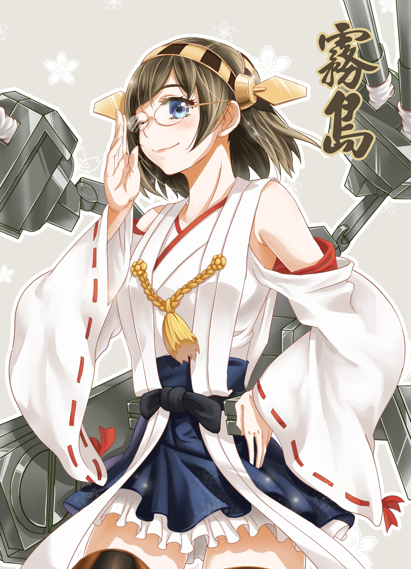 1girl adjusting_glasses bare_shoulders blue_eyes blush brown_hair detached_sleeves glasses hand_on_hip kantai_collection kirishima_(kantai_collection) looking_at_viewer nontraditional_miko rigging sennoyume short_hair smile solo tan_background thighs turret wide_sleeves