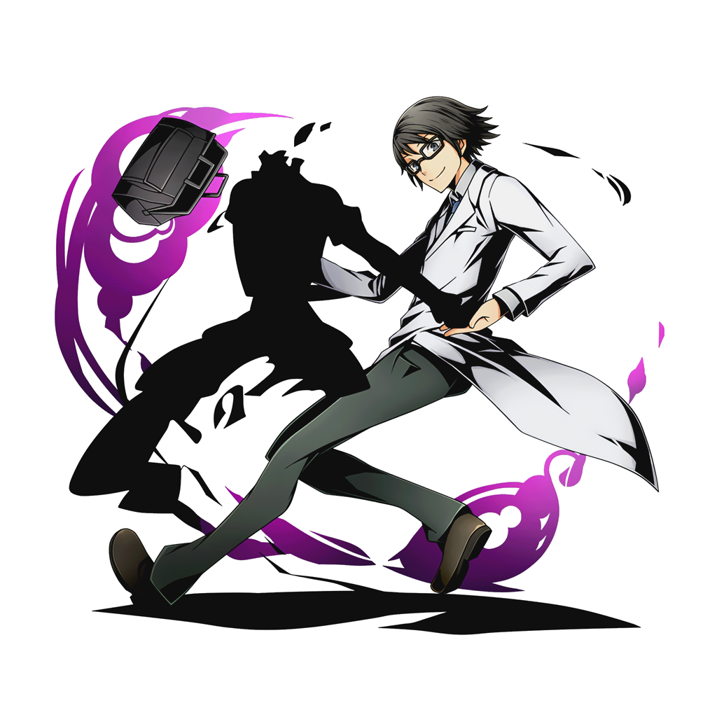 1boy black_eyes black_hair black_pants divine_gate durarara!! full_body glasses kishitani_shinra labcoat official_art pants shadow short_hair smile solo transparent_background ucmm