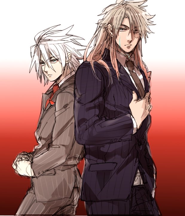 2boys ag_ss41 blue_eyes dark_skin fate/apocrypha fate/grand_order fate_(series) formal karna_(fate) long_hair looking_at_viewer male_focus multiple_boys necktie pale_skin ponytail saber_of_black short_hair simple_background suit white_hair