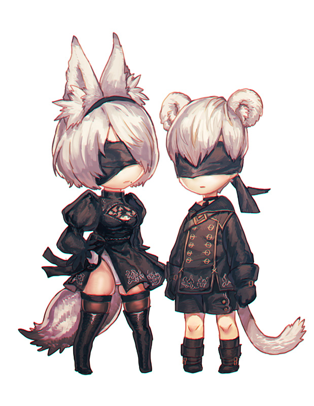 1boy 1girl animal_ears arm_at_side arms_at_sides bangs belt belt_buckle black_boots black_dress black_gloves black_hairband black_legwear black_shorts blindfold boots breasts buckle cat_ears cat_tail chibi choker clenched_hands closed_mouth covered_eyes dress fox_ears fox_tail full_body gloves hairband hand_on_hip kemonomimi_mode kitsune_n legs_apart leotard leotard_under_clothes long_sleeves mole mole_under_mouth nier_(series) nier_automata puffy_sleeves short_dress short_hair shorts side_slit silver_hair simple_background skindentation standing tail thigh-highs thigh_boots white_background white_hair white_leotard yorha_no._2_type_b yorha_no._9_type_s