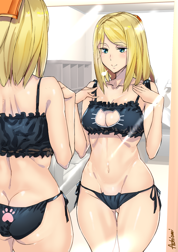 1girl artist_name ashiomi_masato ass back bangs bare_shoulders black_bra black_panties blonde_hair bra breasts breath cat_cutout cat_ear_panties cat_lingerie cleavage cleavage_cutout closed_mouth collarbone cowboy_shot dimples_of_venus eyebrows_visible_through_hair frilled_bra frills gluteal_fold green_eyes groin guilty_gear guilty_gear_xrd hair_ornament hands_on_own_chest hands_up indoors lingerie long_hair looking_at_mirror medium_hair meme_attire midriff millia_rage mirror navel panties parted_bangs reflection shoulder_blades side-tie_panties smile solo stomach thigh_gap underwear underwear_only