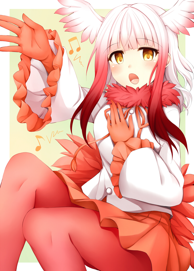 1girl bangs bird_tail blunt_bangs blush crested_ibis_(kemono_friends) gloves head_wings kemono_friends long_sleeves looking_at_viewer medium_hair miniskirt multicolored_hair music musical_note open_mouth pantyhose pleated_skirt red_gloves red_legwear red_skirt rui_shi_(rayze_ray) shirt silver_hair simple_background singing skirt solo two-tone_hair white_shirt yellow_eyes