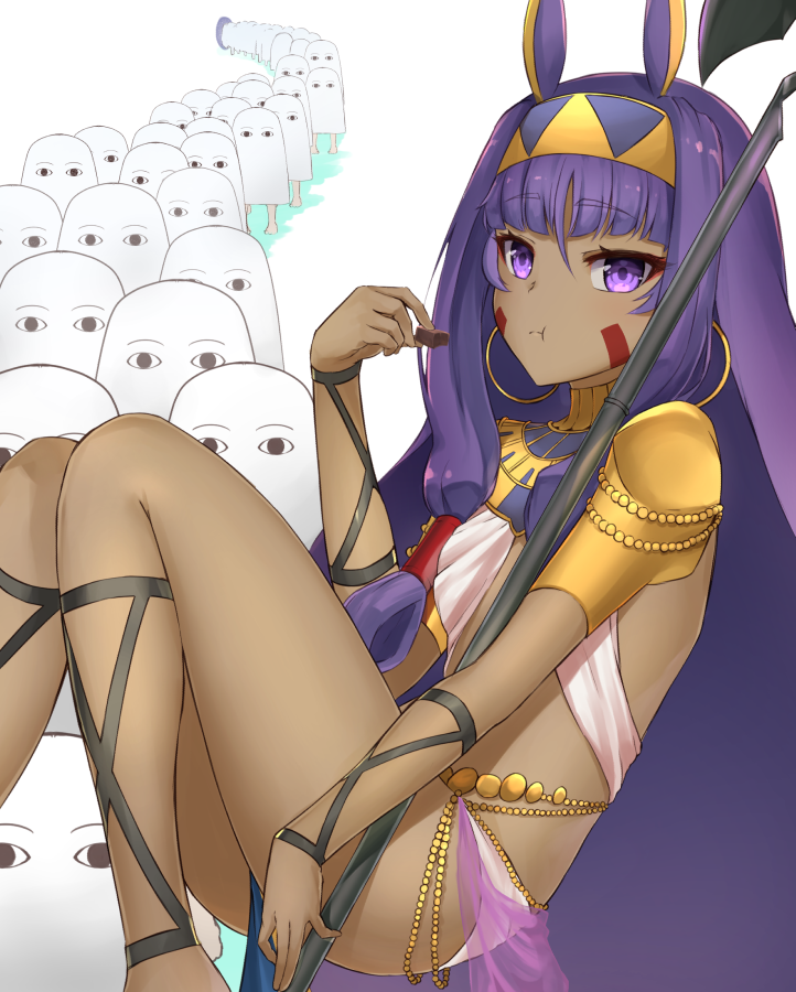 1girl belt chocolate dark_skin earrings eating egyptian_clothes fate/grand_order fate_(series) jackal_ears jewelry looking_at_viewer medjed nitocris_(fate/grand_order) p!nta purple_hair staff violet_eyes