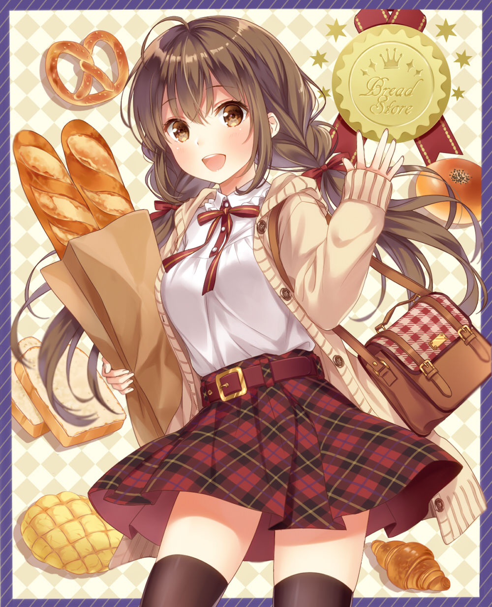 1girl :d ahoge anpan argyle argyle_background bag baguette bangs belt black_legwear blouse blush bread breasts brown_eyes brown_hair brown_ribbon cardigan collar cowboy_shot croissant crown eyebrows_visible_through_hair floating_hair food frilled_collar frills hair_ribbon hand_up highres holding holding_bag holding_food long_hair looking_at_viewer low_twintails medium_breasts melon_bread open_cardigan open_clothes open_mouth original plaid plaid_skirt pleated_skirt pretzel purple_border red_skirt ribbon satchel skirt sleeves_past_wrists smile solo teeth thigh-highs thighs twintails waving white_blouse yumesaki zettai_ryouiki