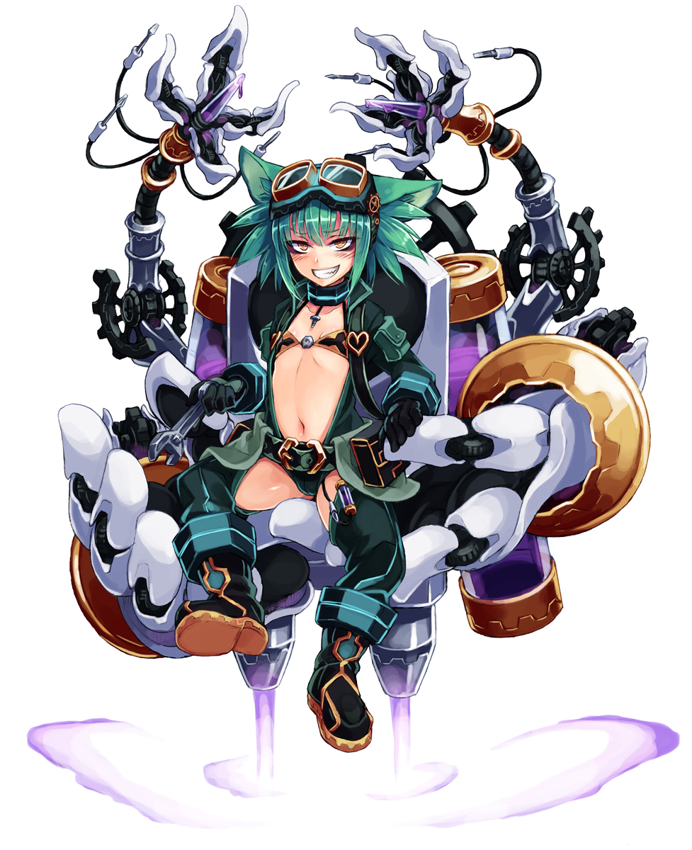 1girl animal_ears blush eyebrows_visible_through_hair flat_chest full_body gears goggles goggles_on_head green_hair gremlin_(monster_girl_encyclopedia) highres kenkou_cross looking_at_viewer monster_girl monster_girl_encyclopedia navel short_hair simple_background sitting smile solo white_background wrench yellow_eyes