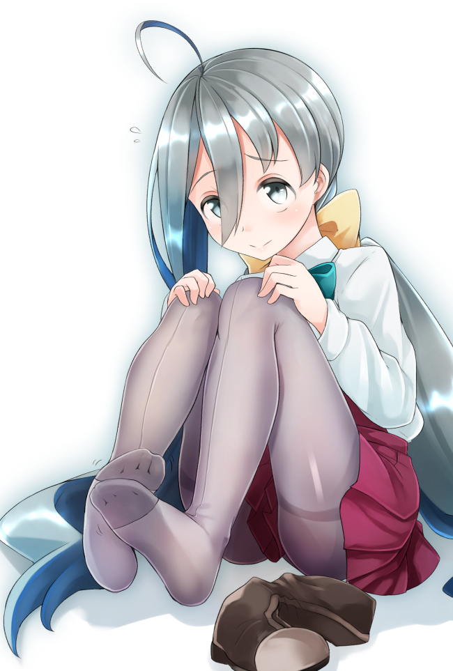 1girl 3: ahoge aqua_bow blouse blush bow closed_mouth comah eyebrows_visible_through_hair feet feet_together flying_sweatdrops full_body grey_eyes hair_between_eyes hair_bow kantai_collection kiyoshimo_(kantai_collection) legs_together long_hair long_sleeves looking_at_viewer pantyhose pleated_skirt purple_skirt shadow shoes_removed silver_hair simple_background sitting skirt soles solo thighband_pantyhose thighs twintails very_long_hair white_background white_blouse yellow_bow