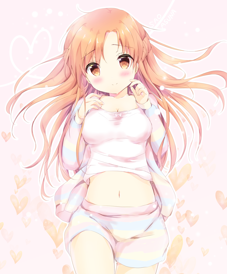 1girl amedamacon asuna_(sao) bangs blonde_hair blush bow breasts brown_eyes camisole cleavage closed_mouth cowboy_shot eyebrows_visible_through_hair half_updo hands_up heart heart_of_string long_hair looking_at_viewer medium_breasts navel parted_bangs pink_background pink_bow shorts sleepwear smile solo sword_art_online yuuki_asuna