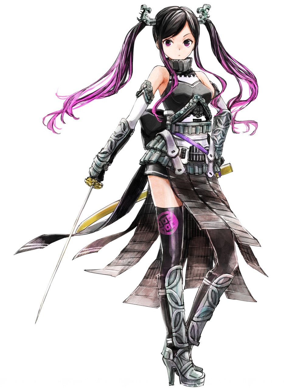 1girl armor armored_boots bare_shoulders black_hair black_legwear boots breasts detached_sleeves floating_hair full_body gauntlets hair_ornament hand_on_hip high_heels highres holding holding_sword holding_weapon katana long_hair medium_breasts multicolored_hair pink_hair sheath simple_background solo standing sword thigh-highs two-tone_hair unsheathed violet_eyes weapon white_background