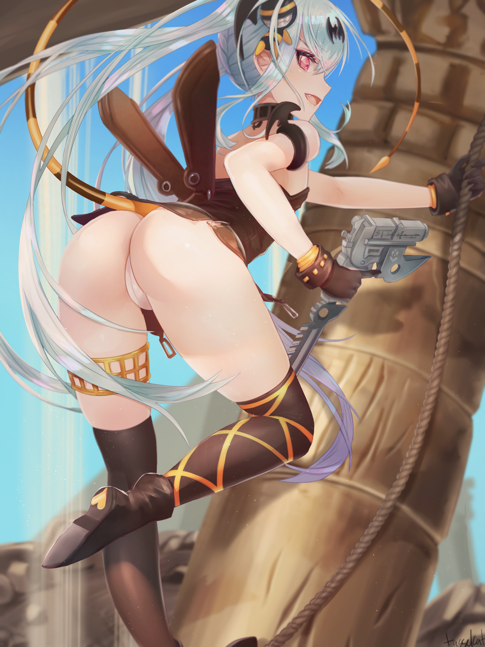 &gt;:d 1girl :d alice_(queen's_gate) armlet ass bangs bat_hair_ornament bent_over black_legwear blue_hair blush brown_dress brown_gloves detached_collar dress fang flat_chest from_behind gloves gunblade hair_ornament highres holding holding_weapon kneehighs long_hair looking_at_viewer looking_back open_mouth panties profile queen's_blade queen's_gate red_eyes rope short_dress smile solo tail tasselcat thigh-highs twintails underwear very_long_hair weapon white_panties