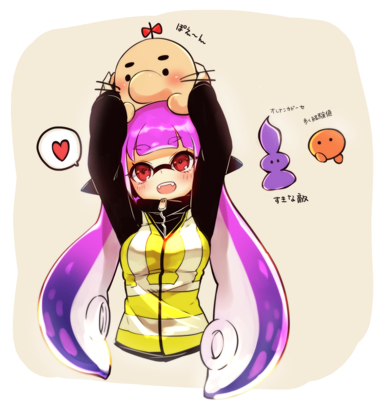 1girl arms_up bangs black_shirt commentary_request conomi-c5 cropped_torso doseisan fangs headgear heart highres holding inkling long_hair long_sleeves looking_up mother_(game) mother_2 open_mouth purple_shirt red_eyes shirt simple_background smile solo splatoon spoken_heart squidbeak_splatoon standing translation_request white_background yellow_vest
