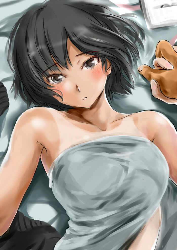 amagami bed_sheet black_hair blush bob_cut covering from_above hand_holding looking_at_viewer lying murasaki_iro nanasaki_ai nude_cover on_back on_bed parted_lips pov short_hair tan tanline