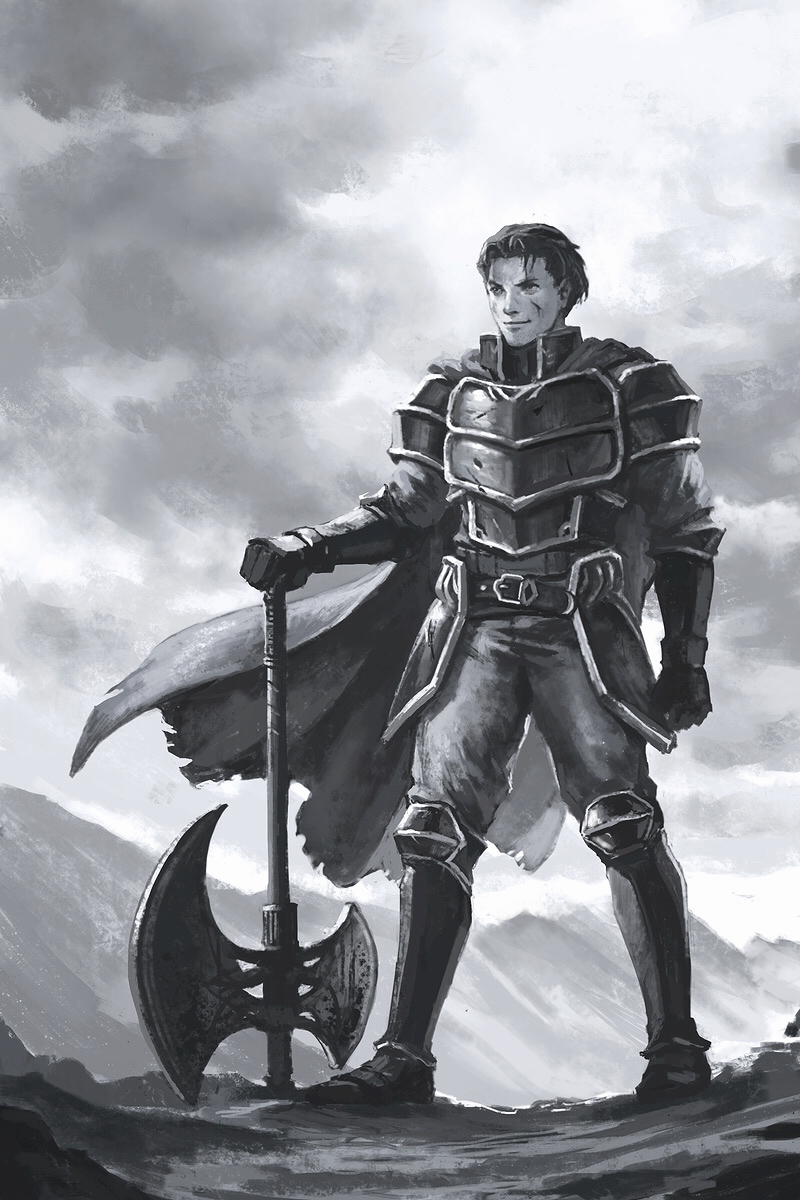1boy armor axe finval fire_emblem fire_emblem:_rekka_no_ken full_body gauntlets greaves greyscale hector_(fire_emblem) highres holding holding_weapon looking_at_viewer monochrome outdoors pauldrons smile weapon