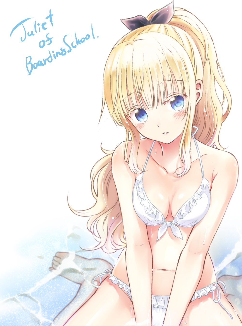 1girl bangs barefoot between_legs bikini black_ribbon blonde_hair blue_eyes blush breasts copyright_name english eyebrows_visible_through_hair frilled_bikini frills front-tie_bikini front-tie_top hair_ribbon hand_between_legs highres juliet_persia kishuku_gakkou_no_juliet light_smile long_hair looking_at_viewer medium_breasts natsupa navel ocean parted_lips partially_submerged ponytail ribbon side-tie_bikini sitting smile solo swimsuit v_arms wariza wavy_hair white_bikini