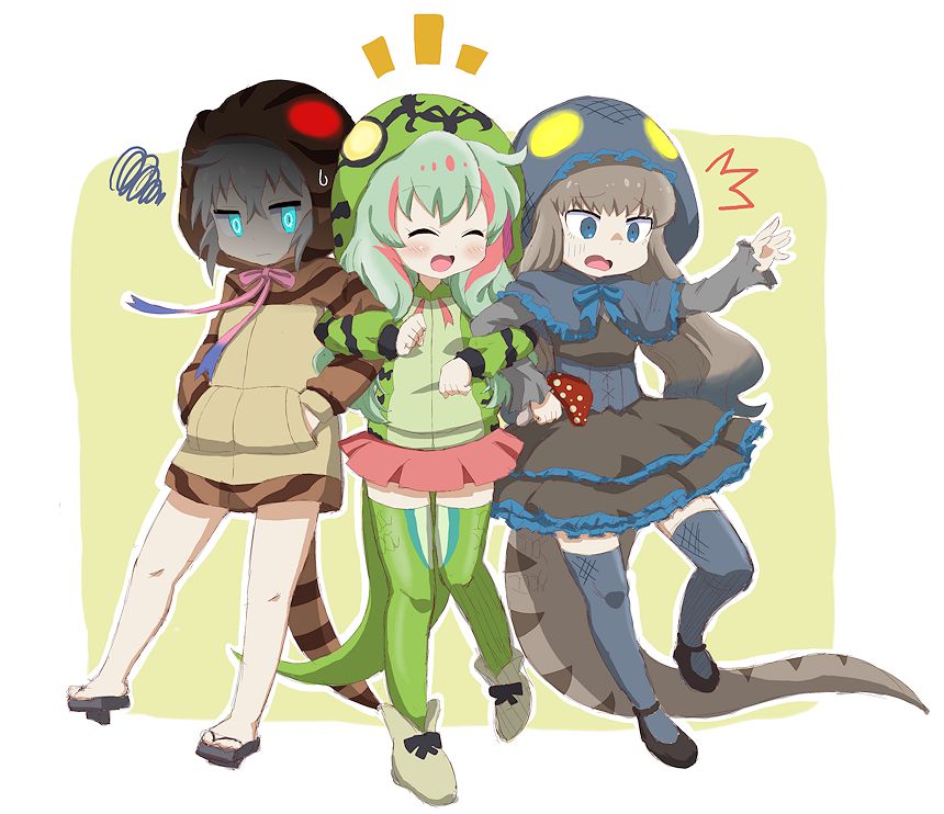 /\/\/\ 3girls :/ ^_^ ahoge ankle_boots annoyed aqua_eyes bare_legs beige_background beige_boots black_dress black_footwear black_ribbon blue_hair blue_legwear blush bonnet boomslang_(kemono_friends) boots border brown_hair capelet clenched_hands closed_eyes corset cross-laced_clothes d: dot_nose dress eyebrows_visible_through_hair eyelashes facing_another frilled_capelet frilled_dress frilled_hat frilled_sleeves frills full_body geta glowing glowing_eyes gothic_lolita gradient_hair gradient_ribbon green_hair green_jacket green_legwear grey_hair hands_in_pockets happy hat hatching_(texture) hood hoodie jacket jitome jpeg_artifacts kadoko kemono_friends komodo_dragon_(kemono_friends) komodo_dragon_tail locked_arms lolita_fashion long_hair long_sleeves looking_at_another looking_away looking_to_the_side mary_janes multicolored_hair multiple_girls mushroom neck_ribbon one_leg_raised open_mouth outline pink_hair pink_ribbon pink_skirt pocket poison_mushroom ribbon shoe_ribbon shoes sidelocks skirt smile snake_tail squiggle standing standing_on_one_leg streaked_hair striped striped_clothes striped_hoodie striped_tail sweat sweatdrop tail thigh-highs tsuchinoko_(kemono_friends) tsurime turn_pale two-tone_hair underbust wavy_hair white_border white_outline