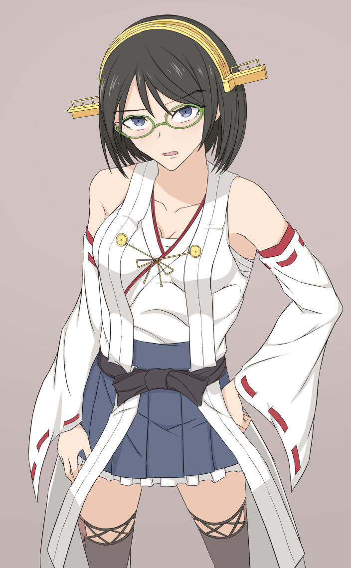 1girl bare_shoulders black_hair blue_eyes breasts brown_background cleavage detached_sleeves hand_on_hip headgear intirami kantai_collection kirishima_(kantai_collection) medium_breasts nontraditional_miko sarashi short_hair skirt solo thighs wide_sleeves