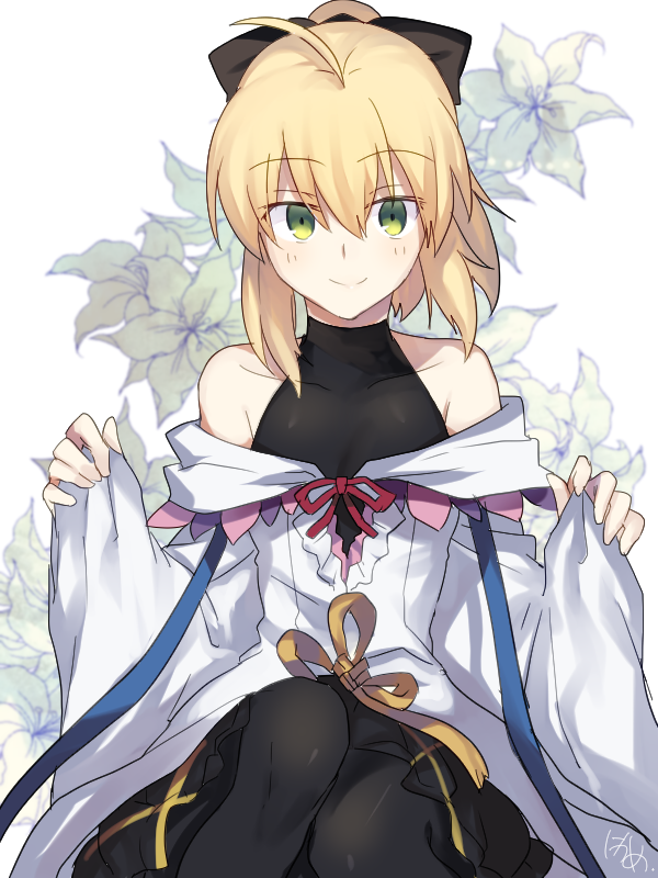 1girl ahoge bare_shoulders black_ribbon blonde_hair cosplay fate/grand_order fate/unlimited_codes fate_(series) flower green_eyes hair_ribbon lily_(flower) looking_at_viewer merlin_(fate/stay_night) merlin_(fate/stay_night)_(cosplay) nikame ponytail ribbon saber saber_lily short_hair smile solo