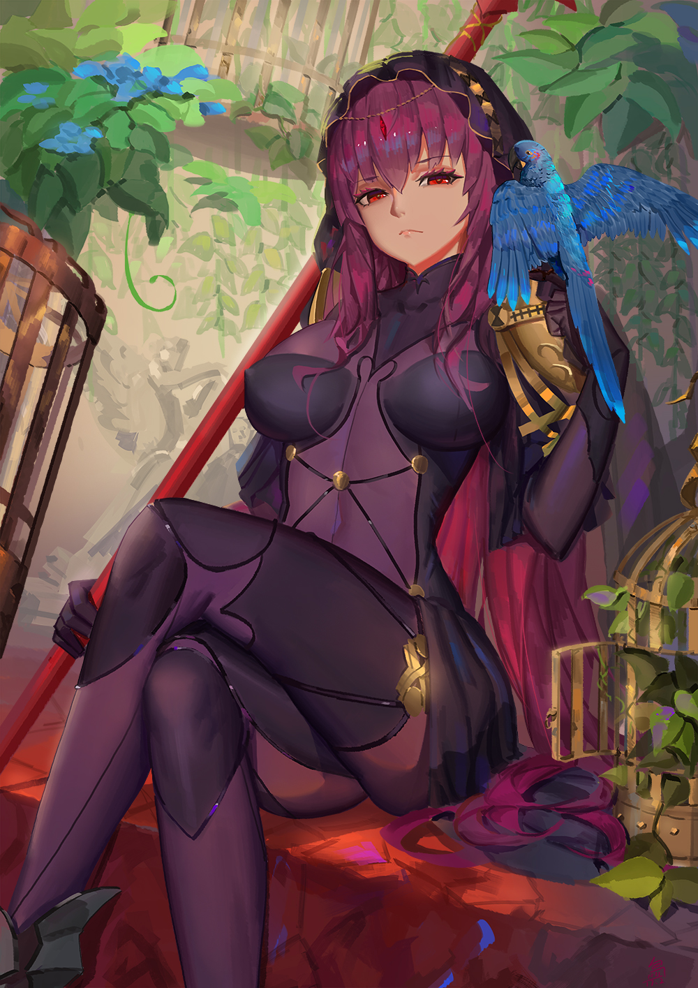 1girl bird bird_on_hand birdcage bodysuit breasts cage closed_mouth erect_nipples fate/grand_order fate_(series) gae_bolg highres holding holding_weapon large_breasts legs_crossed long_hair looking_at_viewer looking_down parrot plant polearm purple_hair red_eyes scathach_(fate/grand_order) sitting sk_tori solo spear veil weapon